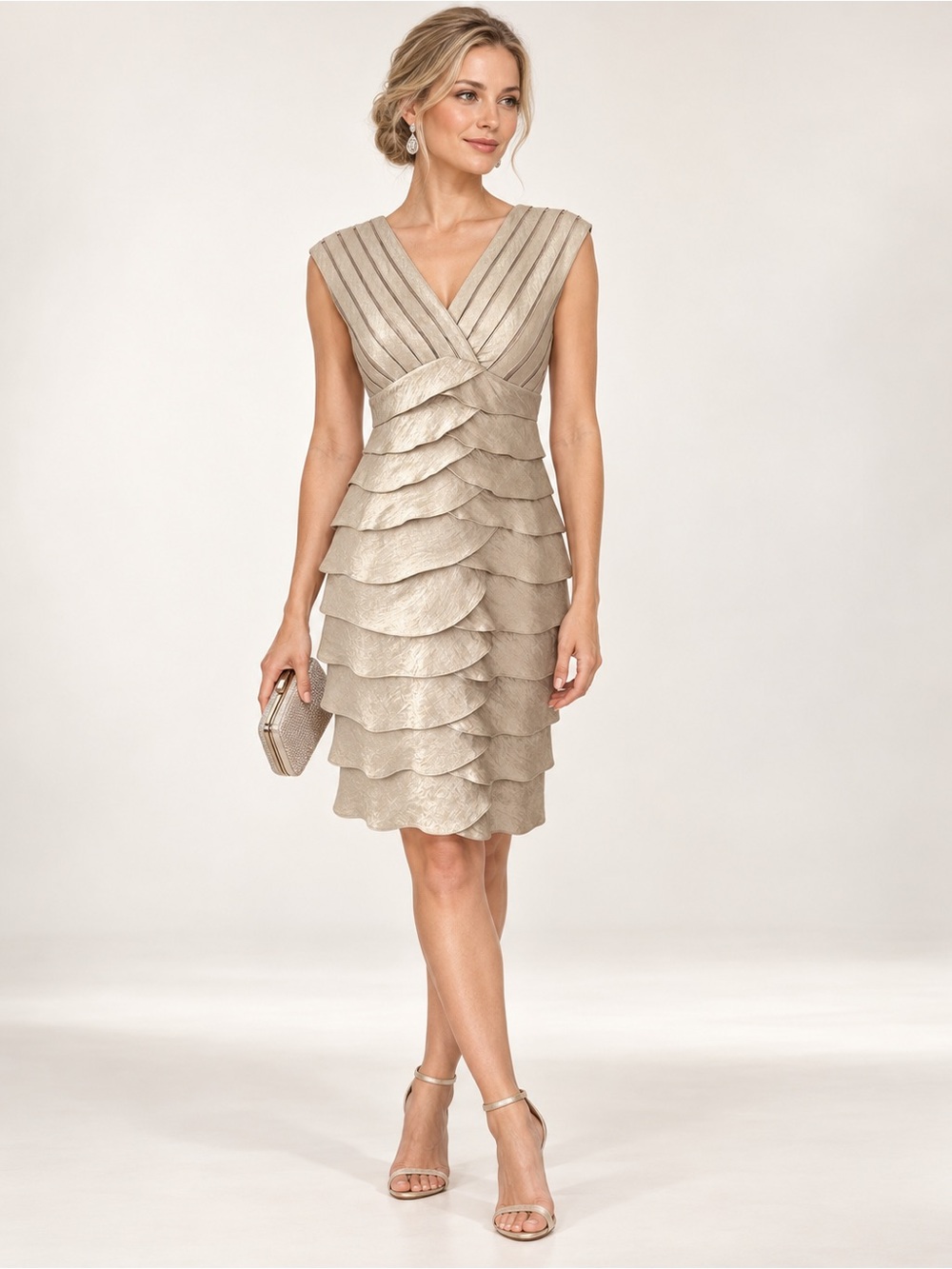 ADRIANNA PAPELL Champagne Layered V-Neck Cocktail Dress 4P - Picture 9 of 16